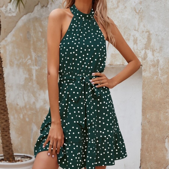 boho polka dot belted ruffle hem halter mini dress - Picture 4 of 12